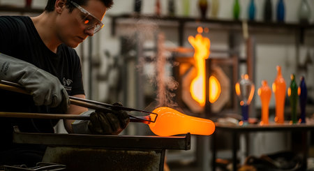 A skilled glassblower shapes molten glass using long tongs in a hot workshop environment. The artisan wears safety gear while working near a glowing furnace, demonstrating the traditional craft of glassmaking.の素材