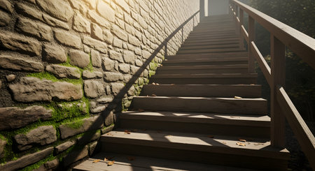 A stone staircase with a wooden railing ascends along a textured stone wall covered in patches of moss. Sunlight casts dramatic shadows on the steps, highlighting the rustic architectural details.の素材