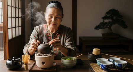 An elderly woman smiles gently while preparing tea using a traditional pot and whisk in a serene setting. Steam rises from the ceramic ware, emphasizing the cultural ritual and mindfulness of the tea ceremony.の素材