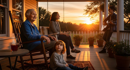 A multigenerational family enjoys a peaceful sunset together on a house porch. Grandparents sit in rocking chairs while a boy plays the guitar for his parents and younger sibling, creating a warm domestic scene.の素材