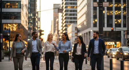 A diverse group of business professionals walks and talks confidently on a city street during the golden hour. The urban background with skyscrapers suggests a corporate or financial district setting.の素材