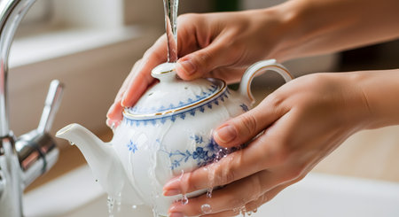 Close-up of a person's hands rinsing a white porcelain teapot with blue floral patterns under a stream of water in a kitchen sink. The water splashes gently over the ceramic surface, highlighting a daily cleaning routine and domestic care.の素材