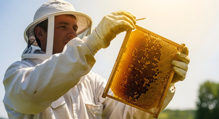 A beekeeper dressed in a white protective suit inspects a frame of honeycomb filled with bees. The sunlit apiary setting highlights the agricultural work and the busy activity of the colony.の素材