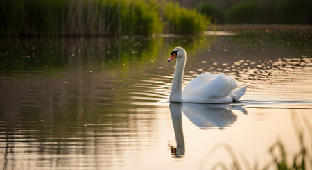 A graceful white swan swims calmly across a still lake bathed in the golden light of a sunset. The water reflects the elegant bird and the warm hues of the sky, creating a serene and picturesque natural moment.の素材