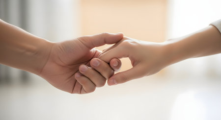 A close-up shot captures two people holding hands, conveying a deep sense of comfort, empathy, and emotional support. The soft lighting and gentle touch highlight the strong connection, trust, and bond between the individuals.の素材