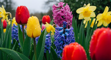A vibrant cluster of spring flowers, including red tulips, yellow daffodils, and purple hyacinths, covered in fresh raindrops. The colorful blooms stand out against the green foliage, capturing the essence of a rainy spring garden.の素材