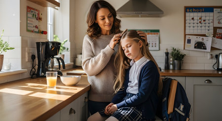 A loving mother brushes her young daughter's long hair in a bright kitchen before school. The child sits calmly wearing a school uniform, with a backpack nearby and sunlight streaming through the window, capturing a tender family morning routine.の素材