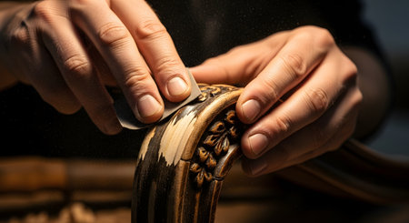A craftsman's hands carefully sand a piece of intricately carved wooden furniture, creating a cloud of fine dust. The close-up highlights the dedication to restoration and the detailed texture of the vintage wood.の素材