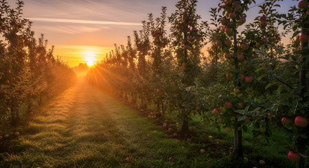 A picturesque apple orchard at sunrise features rows of trees laden with ripe red apples. Golden rays of sunlight burst through the branches, creating a magical and bountiful harvest scene.の素材