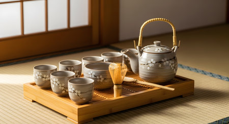 A traditional Japanese tea set featuring a ceramic teapot, cups, and a bamboo matcha whisk arranged on a wooden tray. The setting is a serene room with tatami mats and a shoji screen background.の素材