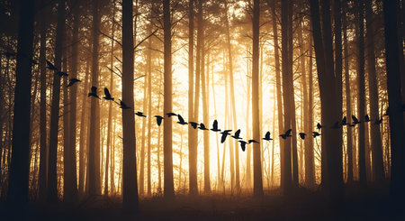 A flock of birds flies in a curved line through a dense forest silhouetted against a golden sunset background. The tall pine trees create vertical lines that contrast with the dynamic movement of the birds bathed in warm misty light.の素材