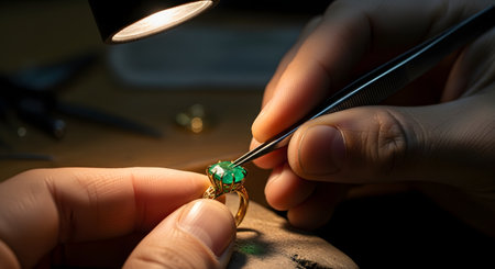 A macro shot of a jeweler's hands using tweezers to precisely set a green emerald gemstone into a gold ring. The image captures the intricate detail and craftsmanship involved in fine jewelry making.の素材