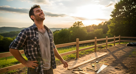 A smiling construction worker in a plaid shirt takes a satisfied break at a rural building site during sunset. Tools like a saw and hammer lie on the ground near wooden fences as the man enjoys the fresh air and result of his hard work.の素材