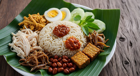 A delicious plate of Nasi Lemak, a traditional Malay and Indonesian dish, served on a banana leaf. It features fragrant rice topped with sambal, fried anchovies, peanuts, cucumber slices, and a hard-boiled egg.の素材