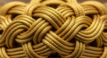 A macro close-up of an intricate golden rope knot, displaying a complex woven pattern with a metallic sheen. The detailed texture symbolizes strength, infinity, and skilled craftsmanship.の素材