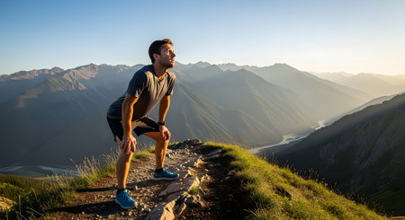 A young athletic man stands on a grassy mountain ridge, catching his breath while gazing at a majestic valley view. The scene captures the spirit of adventure and physical fitness in a rugged landscape.の素材