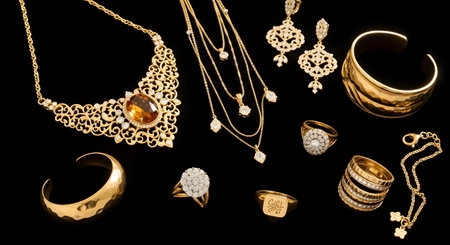 A luxurious collection of gold jewelry including intricate necklaces diamond-studded earrings bangles and rings is displayed against a black velvet background. The pieces sparkle under studio lighting showcasing fine craftsmanship and elegance.の素材