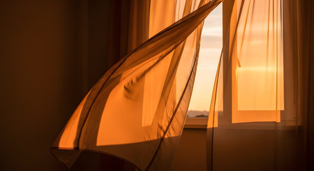 A lightweight orange curtain billows gently in the breeze at an open window during sunset. The golden hour light filters through the translucent fabric, creating a warm, glowing, and serene mood in the living space.の素材