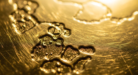 An abstract macro shot of a golden metallic surface featuring liquid-like droplets and scratches. The play of light on the textured gold material creates a rich, shiny, and industrial aesthetic.の素材