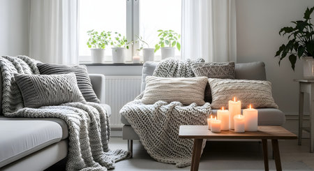 A cozy living room setting features a grey sofa adorned with chunky knitted pillows and blankets, creating a warm Hygge atmosphere. Lit candles on a wooden coffee table and potted plants in the window add to the relaxing and inviting home environment.の素材