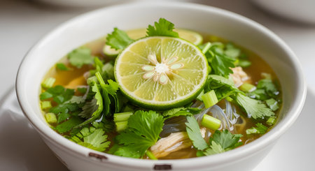 A bowl of Soto Ayam, a traditional Indonesian chicken soup, is garnished with fresh lime, celery, and glass noodles. The clear, savory broth and vibrant green toppings make for an appetizing and comforting meal.の素材
