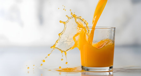 Fresh orange juice is poured into a glass, creating a dynamic and refreshing splash against a bright background. The image captures the energy and liquidity of the healthy citrus drink.の素材