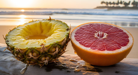A fresh pineapple and a red grapefruit, both cut in half, sit on a piece of driftwood against a tropical beach sunset background. The vibrant colors and ocean setting evoke summer refreshment and healthy eating.の素材