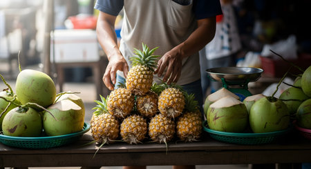 A market vendor arranges a stack of fresh yellow pineapples on a wooden stall at an outdoor market. Green coconuts and a weighing scale are visible nearby, capturing the bustle of local tropical fruit trade.の素材