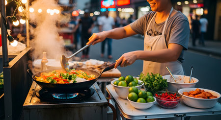A smiling street food vendor cooks a colorful stir-fry in a large wok at a bustling night market. Fresh ingredients like limes chilies and herbs are laid out on the cart while steam rises from the hot pan under string lights.の素材