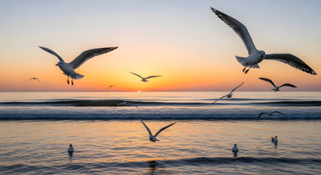 A flock of seagulls flies gracefully over the ocean waves against a stunning orange and pink sunrise sky. The serene coastal landscape captures the freedom of birds and the beauty of the sea at dawn.の素材