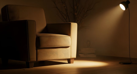 A solitary beige armchair sits in a dark room, illuminated by a warm spotlight from a floor lamp. Floating dust particles dance in the beam of light, creating a moody, quiet, and contemplative atmosphere.の素材