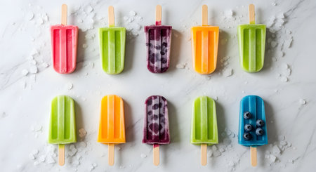 An assortment of colorful fruit popsicles arranged in rows on a white marble surface scattered with ice. The frozen treats come in various flavors like berry, lime, and orange, perfect for summer refreshment.の素材