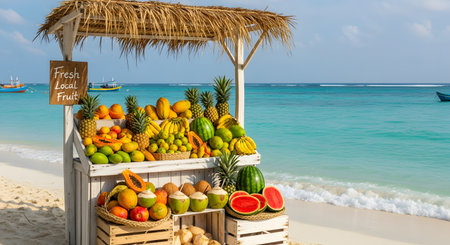 A rustic wooden fruit stand is filled with fresh tropical fruits like pineapples, watermelons, and coconuts on a white sand beach. The turquoise ocean in the background creates a perfect summer vacation vibe.の素材