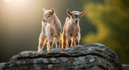 Two adorable baby goats stand side-by-side on a rock, backlit by the warm glow of the setting sun. Their fur is illuminated by the golden light, creating a charming and peaceful rural nature scene.の素材