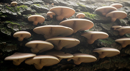 A cluster of wild oyster mushrooms grows on the bark of a tree trunk in a forest. The close-up view emphasizes the shelf-like structure and smooth beige caps of the edible fungi in their natural habitat.の素材