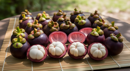 Fresh purple mangosteens, known as the queen of fruits, are arranged on a bamboo mat with some halved to show the white flesh. The exotic tropical fruit composition highlights healthy eating and natural freshness.の素材