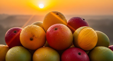 A pile of fresh, ripe mangoes glows under the warm light of a sunset, showcasing their vibrant red and yellow skins. One mango is cut open to reveal the juicy golden flesh, emphasizing the fruit's tropical appeal.の素材