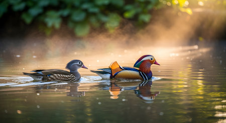 A pair of beautiful Mandarin ducks swims gracefully on a misty pond during the golden hour. The colorful male and the more subtle female are captured in a serene natural setting with soft lighting.の素材