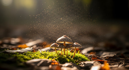 Small mushrooms grow on a mossy forest floor, illuminated by a beam of light that highlights floating spores. The macro shot creates a magical and fairy-tale atmosphere within the natural woodland setting.の素材