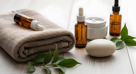 A spa-themed arrangement of natural skincare products including amber glass dropper bottles, a jar of cream, and a bar of soap. A folded beige towel and fresh green leaves complete the organic and wellness-focused composition on a wooden table.の素材