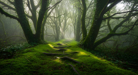 A sunlit path winds through a dense, ancient forest covered in vibrant green moss. The twisted roots and trunks of the old trees create a mysterious and fairy-tale-like atmosphere in the woods.の素材