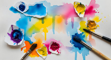 A vibrant arrangement of watercolor paints spills across white paper, creating splashes of blue, pink, and yellow. Paintbrushes lie amidst the colorful artistic mess, highlighting the creative process of painting.の素材