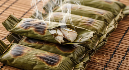 Freshly grilled Otak-otak parcels wrapped in charred banana leaves are arranged on a bamboo mat, with steam rising from them. One packet is open to reveal the white fish cake inside, highlighting a traditional Southeast Asian culinary delight.の素材
