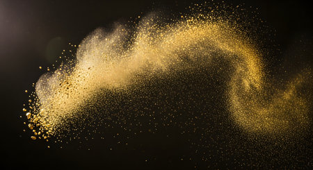 A dynamic wave of golden dust particles swirls across a black background, creating an abstract and luxurious effect. The sparkling texture resembles a magical explosion or stardust, perfect for festive or elegant designs.の素材