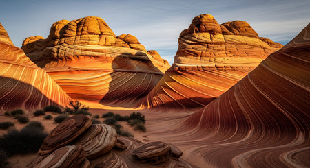 The iconic sandstone rock formations of The Wave in Arizona display mesmerizing swirling patterns of orange and red. The sun casts dramatic shadows across the undulating landscape, highlighting the geological beauty of the desert.の素材