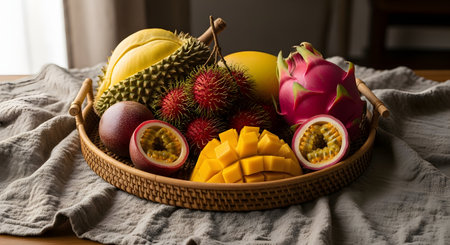 A woven tray is filled with an assortment of exotic tropical fruits, including a whole and opened durian, dragon fruit, rambutan, passion fruit, and mango. The vibrant display highlights the richness of Asian produce.の素材