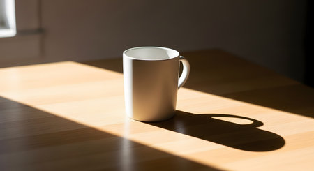 A simple white ceramic mug sits on a light wooden table, casting a long, sharp shadow in bright natural sunlight. The minimalist composition highlights themes of morning freshness and simplicity.の素材