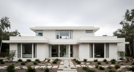 A large, modern white house features minimalist architecture with flat roofs, large windows, and clean lines. The property includes a xeriscaped garden with gravel paths and small shrubs, representing contemporary luxury living.の素材