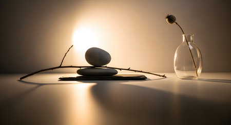 A minimalist zen composition features balanced smooth stones and a slender twig resting on a slate plate. A dried poppy pod in a glass vase stands nearby, all bathed in warm, soft lighting that creates artistic shadows and a meditative atmosphere.の素材