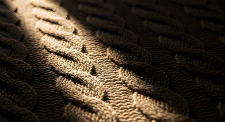 A close-up macro shot of a brown knitted wool texture showing a detailed cable knit pattern. The dramatic lighting highlights the softness and warmth of the fabric, perfect for winter themes.の素材